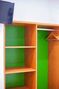 Elle comprend un placard vert avec des étagères en bois et une télévision. dans l'établissement Hostal San Francisco, à Séville