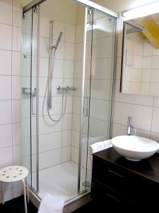 La salle de bains est pourvue d'une douche en verre et d'un lavabo. dans l'établissement Bergquelle Dachwohnung, à Bettmeralp