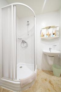 a white bathroom with a shower and a sink at Brezina Pension in Prague