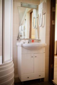 a bathroom with a sink and a mirror at Vila Muntenia Hotel in Chişinău