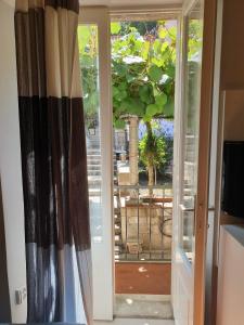 una puerta de cristal abierta con vistas a un árbol en Old Town Garden Room, en Dubrovnik