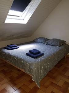 a bed in a room with blue towels on it at Joli petit appartement au calme in Vignec