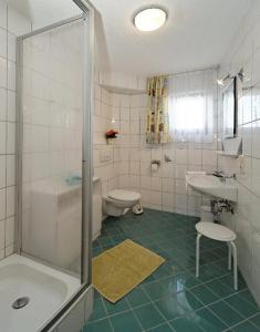 a bathroom with a shower and a sink and a toilet at Ferienwohnungen Krieger in Mauth