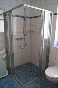 La salle de bains est pourvue d'une douche et de toilettes. dans l'établissement Ferienwohnung Am Sundern, à Tecklembourg