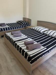 two beds in a room with towels on them at Ureki GuestHouse in Ureki