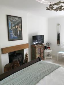 a bedroom with a bed and a fireplace and a tv at Darceys in the Yard in Hornsea