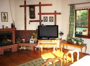 a living room with a television and a fireplace at Pod Dębem in Giby