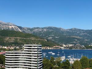 a large apartment building with a view of a marina at Veselinka Apartments & Rooms in Budva