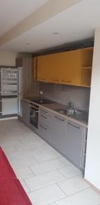 a kitchen with stainless steel appliances and yellow cabinets at Studio de vacances in Crémines