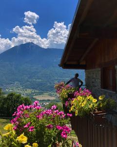 a man standing on the balcony of a house with flowers at Agriturismo Cavria in Castione Andevenno