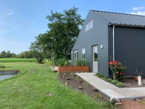 a blue tiny house in a field at Mae Usu in Nieuw-Roden