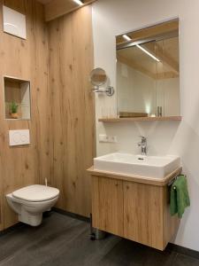 a bathroom with a sink and a toilet and a mirror at Kererhof in Kals am Großglockner