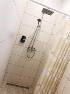 eine Dusche mit Duschkopf und Duschvorhang in der Unterkunft Haus Hoffmann in Sonnenalpe Nassfeld