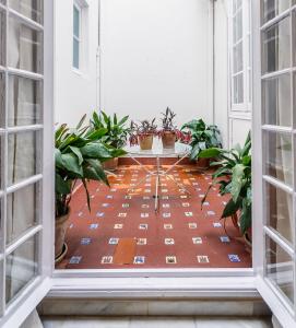 an open room with a table and potted plants at Casa Palacio Madre de Dios in Seville