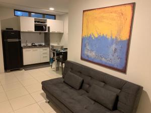 a living room with a couch and a painting on the wall at Flats Mobiliados Zona Norte, Casa forte, recife, Aluguel por temporada Direto com o dono in Recife