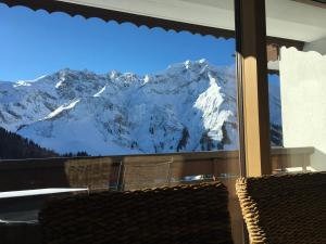 ein Blick auf einen schneebedeckten Berg durch ein Fenster in der Unterkunft Appartment Schröcken in Schröcken