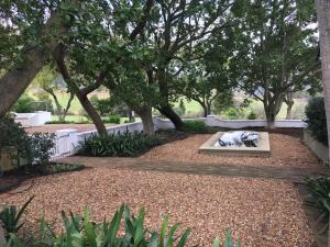 - un jardin avec un foyer extérieur dans une cour arborée dans l'établissement Winelands guest room, à Stellenbosch