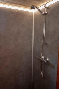 a shower with a shower head in a bathroom at Houseboat Vinkeveen in Vinkeveen