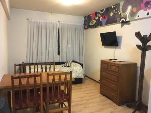 Schlafzimmer mit einem Bett, einem Tisch und einem TV in der Unterkunft Mendoza pleno centro in Mendoza