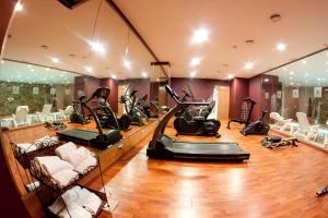 a gym with treadmills and elliptical machines at Alti Hôtel in Luchon