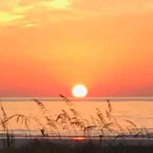 una puesta de sol sobre el océano con un campo de hierba en St. Augustine Ocean & Racquet Resort en St. Augustine