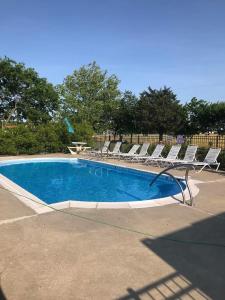 a swimming pool with lounge chairs and a table at Cape Motel in Cape Charles