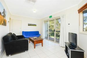 a living room with a couch and a tv at Shiraz Cottage at Allusion in Normanville