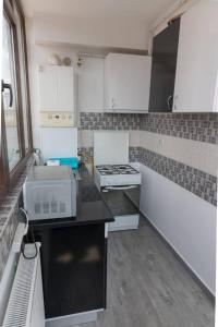 a small kitchen with a stove and white cabinets at Studio Apartment in Chiajna +92 photos