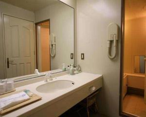 Shirahama Key Terrace Hotel Seamore في شيراهاما: حمام مع حوض ومرآة كبيرة
