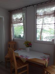 einen Tisch und Stühle in einem Zimmer mit zwei Fenstern in der Unterkunft Bungalow am Donnerberg in Sewekow in Sewekow