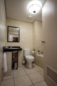 een badkamer met een toilet, een wastafel en een spiegel bij Desert Palace Hotel in Upington