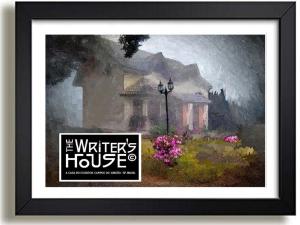 una pintura de una casa con flores en The Writer's House, en Campos do Jordão