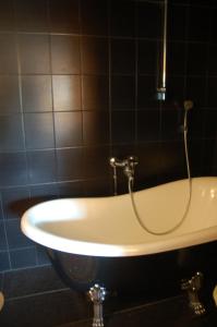 a bath tub with a shower in a bathroom at Garden Villa Lahti in Lahti