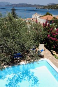 einen Pool mit Bäumen und Blick auf das Wasser in der Unterkunft Anemone Residence in Poros