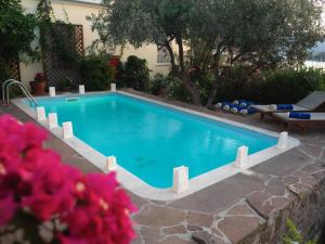 a swimming pool in a yard with pink flowers at Anemone Residence in Poros