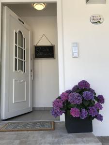 une porte avec un pot de fleurs violettes et un panneau dans l'établissement Haus Vincent, à Grassau