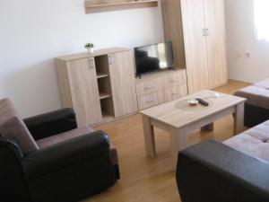 a living room with a couch and a table and a tv at Apartman Daca Apatin in Apatin