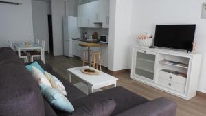 uma sala de estar com um sofá e uma televisão de ecrã plano em Viviendas con Fines Turisticos ``La Jamuga´´ em Andújar