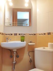 a bathroom with a sink and a toilet and a mirror at Garcia Briz by Bossh! Apartments in Málaga