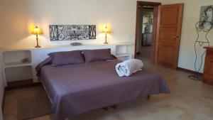 una camera da letto con un letto con lenzuola viola e due lampade di Casa del artista ad Arona Altre 42 foto