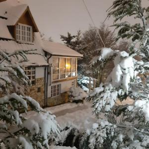 una casa cubierta de nieve con una luz en la ventana en Del Bosque 487 Apartamento en Ushuaia