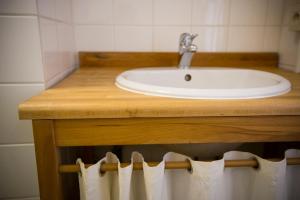 a bathroom with a sink and a wooden counter with at Clos Normand in Nieuwpoort +22 photos