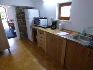 a kitchen with a counter with a microwave and a refrigerator at HEDRA in Zambratija