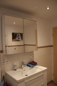 La salle de bains est pourvue d'un lavabo blanc et d'un miroir. dans l'établissement Bucherhof, à Fischbachau