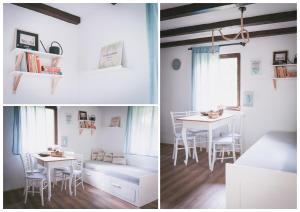 2 fotos de un comedor con mesa y sillas en NATURALINA HOLIDAY HOUSE, en Tribussa Superiore