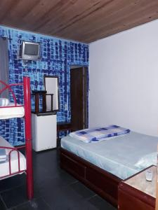 ein Schlafzimmer mit einem Bett und einem Fernseher an der Wand in der Unterkunft Pousada Mirante das Pedras in São Thomé das Letras