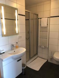 a bathroom with a shower and a sink and a toilet at Hotel & Restaurant Blume in Wolfsburg