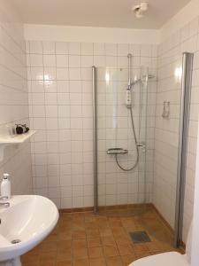 a bathroom with a shower and a sink at Lilla Hotellet in Lund