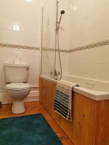 a bathroom with a toilet and a bath tub at THE OLD RECTORY KIRKULLEN LOFT APARTMENT in Jacobstow 10 mins to Widemouth bay and Crackington Haven,15 mins Bude,20 mins tintagel, 27 mins Port Issac in Jacobstow