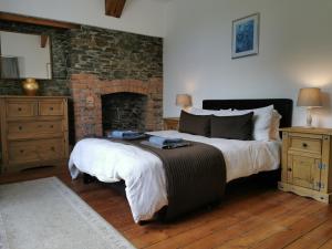 a bedroom with a large bed and a fireplace at THE OLD RECTORY KIRKULLEN LOFT APARTMENT in Jacobstow 10 mins to Widemouth bay and Crackington Haven,15 mins Bude,20 mins tintagel, 27 mins Port Issac in Jacobstow